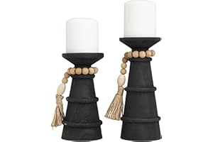 Deco 79 Wood Handmade Decorative Candle Holder Textured Matte Candle Stand with Beaded Garland Accent, Set of 2 Candlestick Holder 10", 8" H, Black