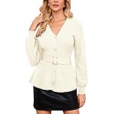 Women's Belted Cable Knit Cardigan Long Sleeve V-Neck Button Down Peplum Sweater