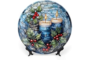 Gokays Christmas Decorative Plates for Home Party, Candle & Red Holly Decor Tray for Table Display, Blue Stained Glass Design Ceramic Plate W/Stand, Living Room Decor, Xmas Gifts, 10 Inch