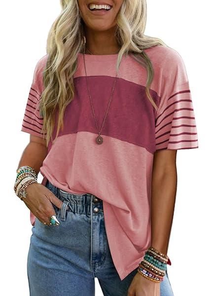 SHEWIN TOPS FOR WOMEN TRENDY 2025 CASUAL CREWNECK SUMMER SHIRTS STRIPED SHORT SLEEVE TEE OVERSIZED TSHIRTS FOR WOMEN LOOSE FIT PINK PURPLE XXL