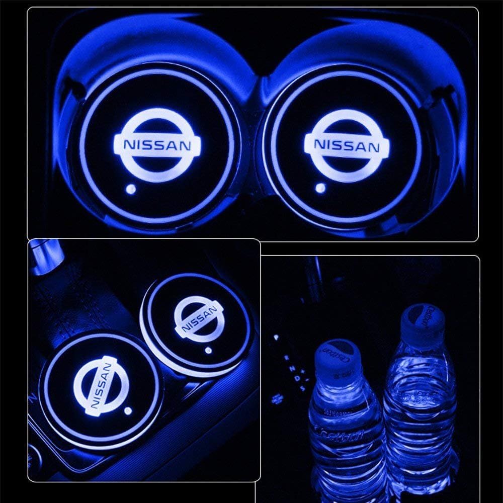 2pcs LED Car Logo Cup Holder Pads 7 Colors Changing USB Charging Mats Bottle Coasters Car Atmosphere Lamps (N-issan)