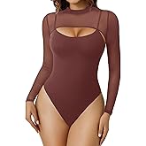 Avidlove Womens Long Sleeve Bodysuits Mock Turtle Neck Shapewear Bodysuit Sexy Mesh Bodysuit Two Piece Outfit Cami Tops