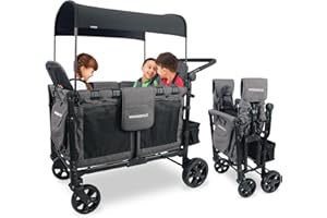 WONDERFOLD W4 Elite Stroller Wagon (4 Seater) - Collapsible Wagon Stroller with Seats with 5-Point Harnesses, Adjustable Push Handle, and Removable UV Sun Canopy, Charcoal Gray
