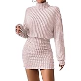 Women's Pullover Sweater Dress Long Lantern Sleeve Turtle Neck Cute Ribbed Knit Bodycon Mini Short Dress 2025 Fall