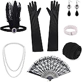 ELECLAND 10 Pieces 1920s Flapper Great Gatsby Accessories Set Fashion Roaring 20's Theme Set with Headband Headpiece Long Black Gloves Necklace Earrings for Women