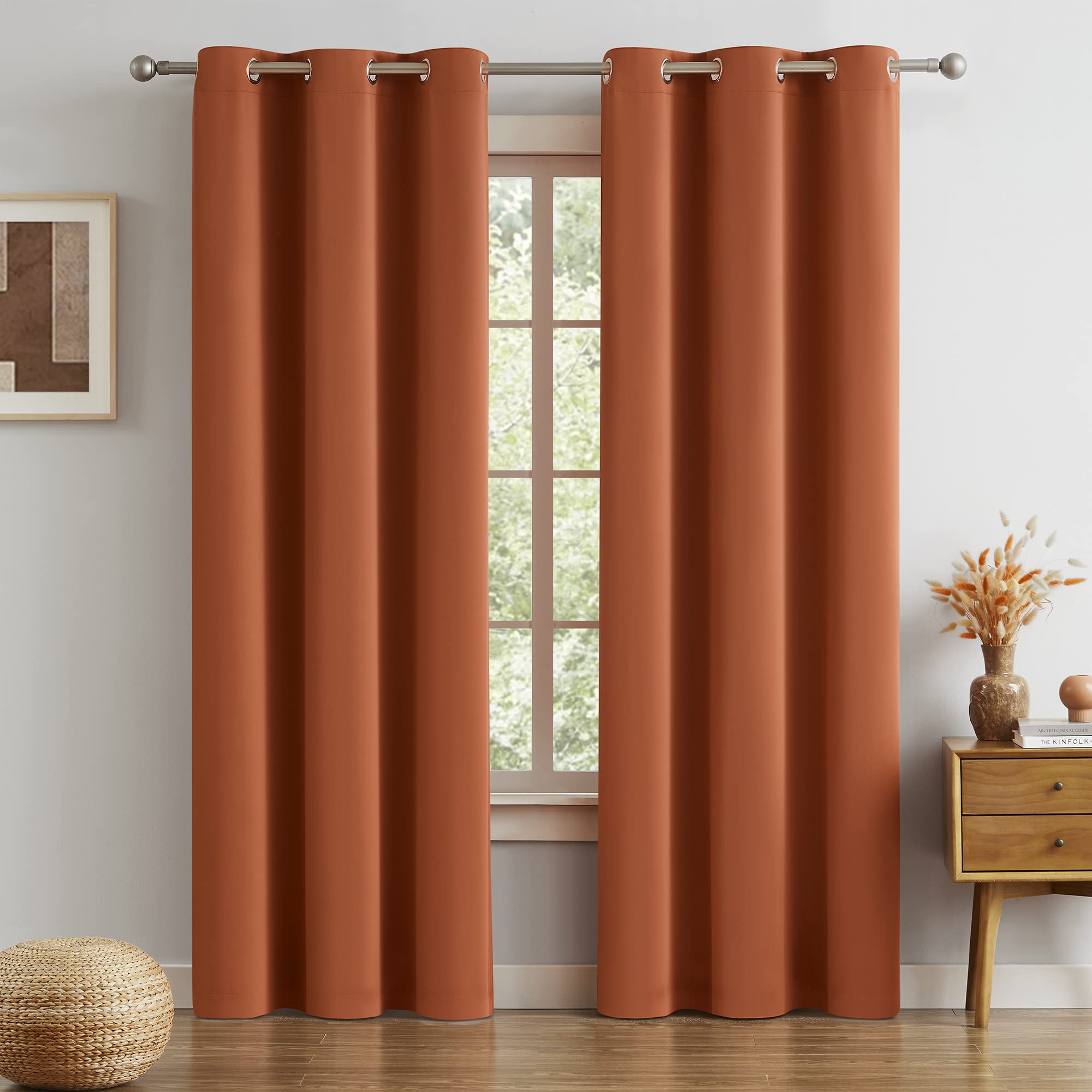 Photo 1 of DUALIFE Rust Red Curtain Panels 96 Inch Length Solid Blackout Curtains Burnt Orange Energy Efficient Room Darkening Bedroom Curtains Thermal Insulated Grommet Top 42x96 Inches Long