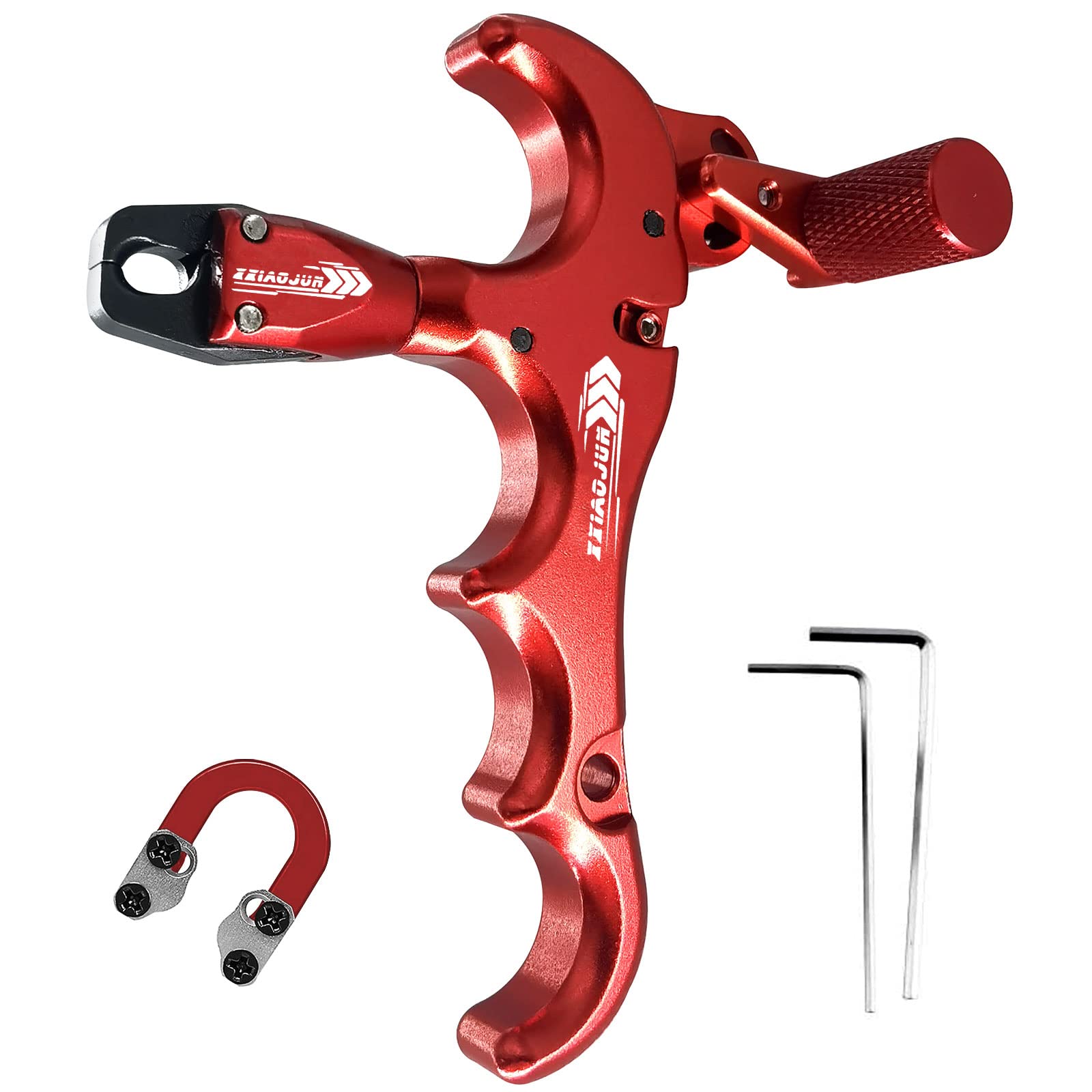 Photo 1 of xxiaojun Compound Bow Aid Releaser and D Loop Rope?Adjustable Can Rotate 360° Thumb Release Bow Aluminum Alloy Aids?Archery Release Aids (4 Fingers - Bow Release -Red)
