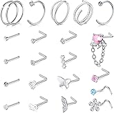 MODRSA 20g Nose Rings Hoops Nose Studs for Women Surgical Steel Hypoallergenic 20 Gauge Nostril Piercing Jewelry L Shape Crokscrew Silver Rose Gold Black Hoop Nostril Rings for Men