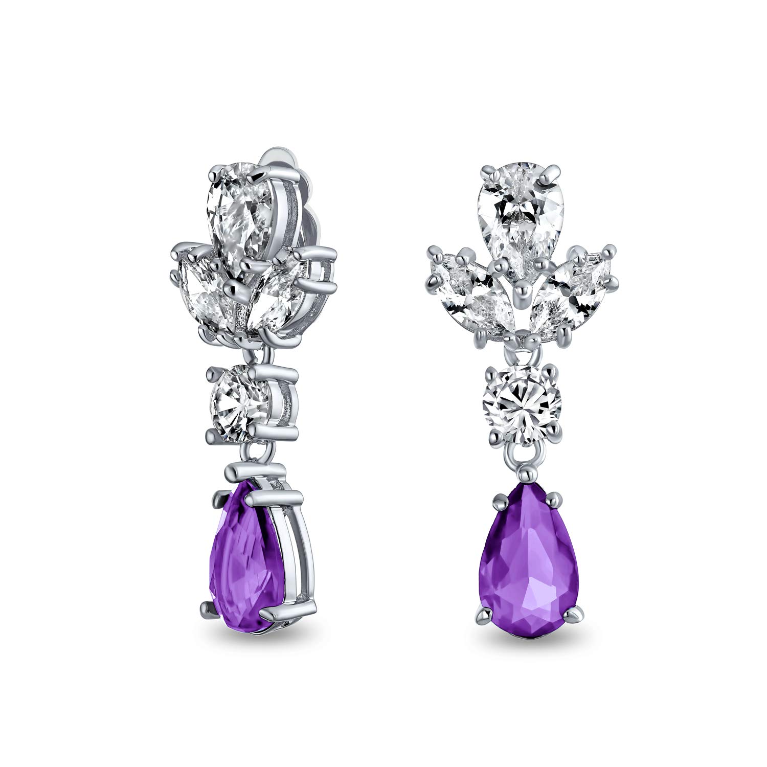 Vintage Art Deco Style Simulated Purple Amethyst Cubic Zirconia AAA CZ Statement Dangle Formal Leaves Teardrop Chandelier Clip On Earrings Wedding Prom Silver Plated