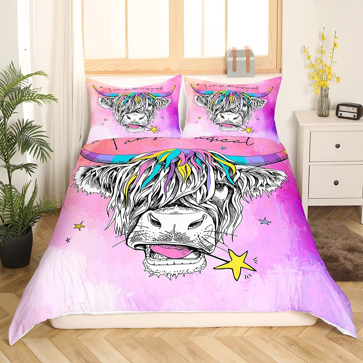 Highland Cow Duvet Cover Girls Pink Highland Cattle Bedding Set For Kids Baby Girl Ultra Soft Magical Farm Animal Comforter Cover Set Purple Bedding & Linen Single Size Bedclothes Zipper