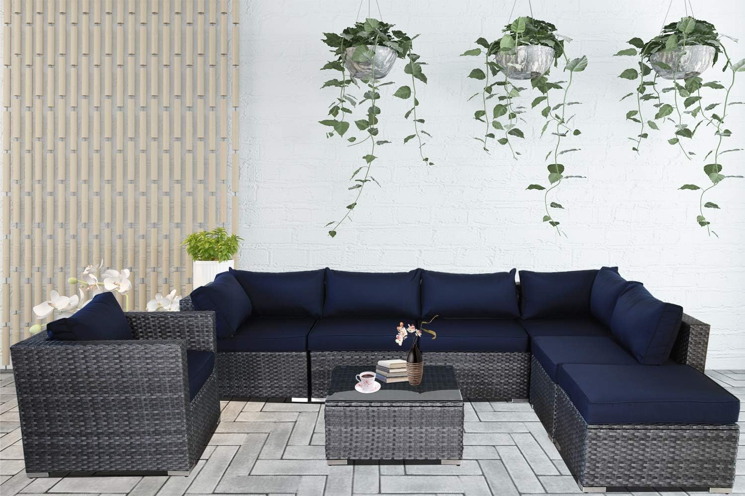 Leaptime Patio Furniture 8pcs Rattan Sofa Gray Garden Couch Set 7-Seating PE Rattan Sofa Outdoor Sectional Sofa Deck Conversation Furniture Set with Navy Blue Cushion