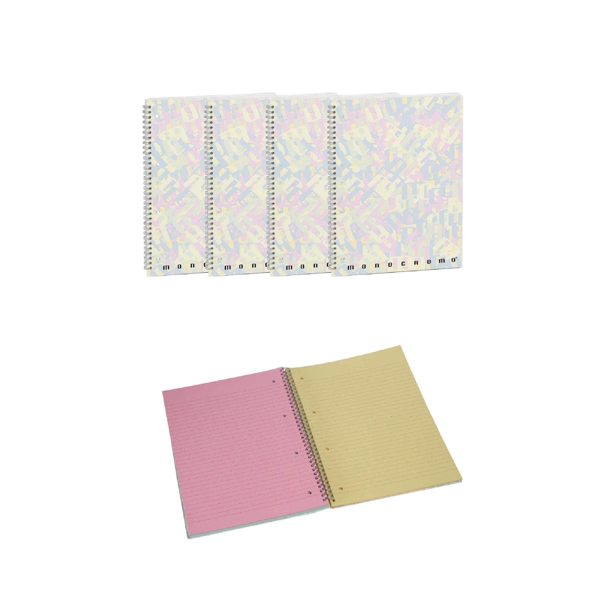 Pigna, Pack of 4 Maxi Monochrome Multicolour Ruled Notebooks A4 Spiral with Holes, 80 Sheets, Ideal for School and Office, 80 Sheets