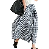 Leyoutx Women's Cotton Linen Wide Leg Culottes Pants Elastic Waist Plaid Gingham Capri Palazzo Pants