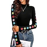 Flamingals Womens Mock Neck Tops Casual Floral Pattern Long Sleeve Turtleneck Going Out Tops Tight Basic Tee Shirts