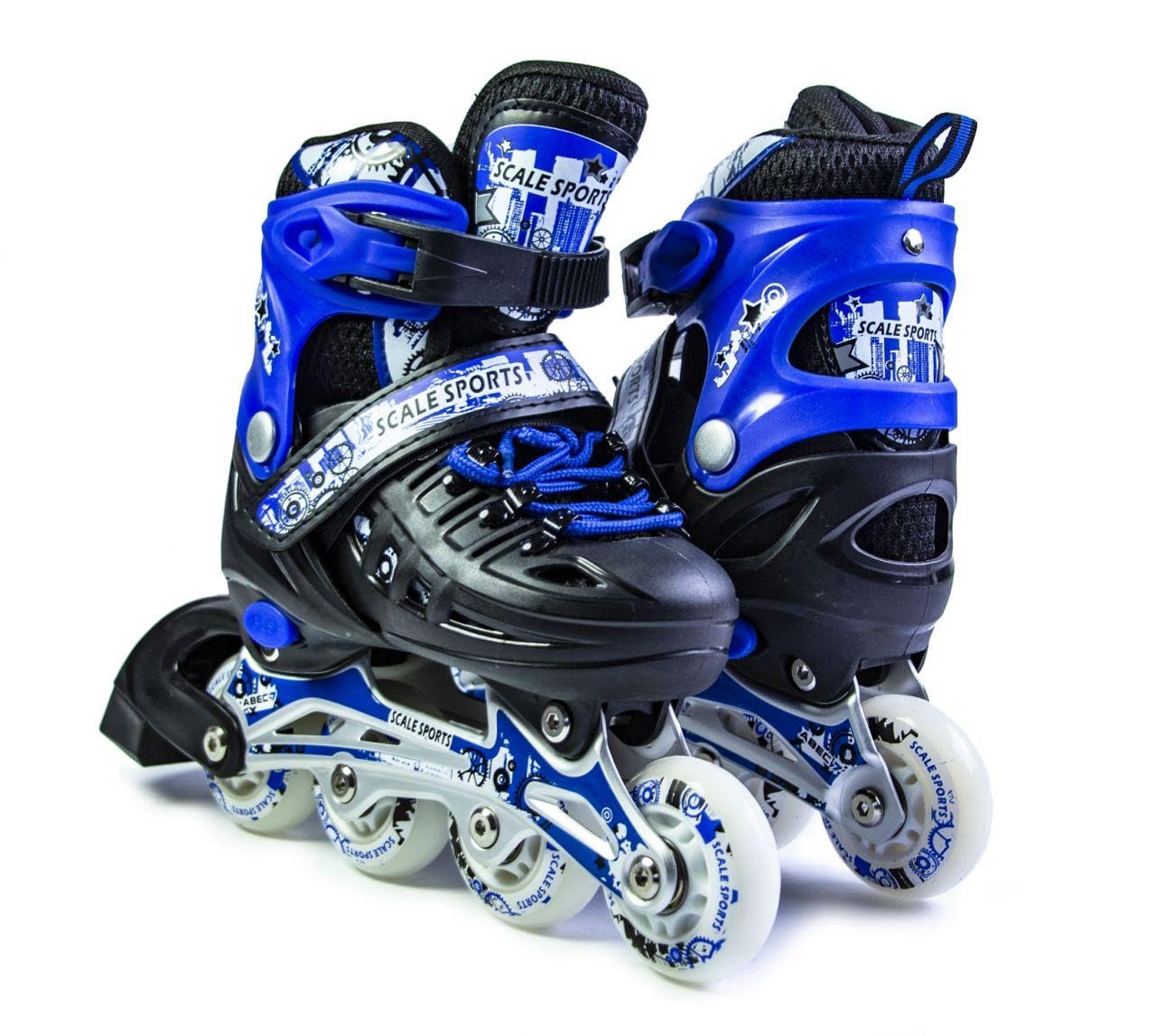 Scale Sports - Adjustuble Roller Skates with light up wheels for children and adults - Kids Inline Roller Skates (black-blue,UK 2-4.5 (EU 34-37) M)