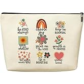 Positive Boho Floral Rainbow Makeup Bag Inspirational Gifts for Women Girls Sister Teacher Bestie Birthday Christmas Affirmations Mental Health Cosmetic Bags, Zipper Pouch Travel Toiletry Bag
