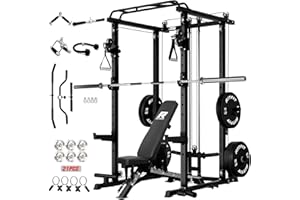 RitFit Upgraded PPC-P3 Power Cage, 3-in-1 Home Gym with Aluminum Pulley System, 1200LBS Capacity, Includes LAT Pulldown, Landmine, J-Hooks & 20+ Attachments, Fits Compact Spaces Black Red