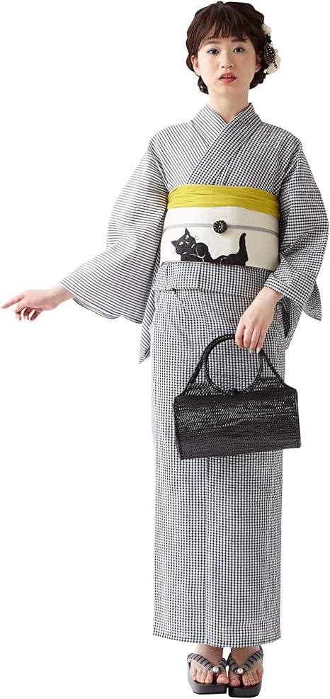 ふりふ 浴衣 ギンガムストライプ レディース フリーサイズ ゆかた Yukata 花火大会 祭り チェック 縞 ブラック 浴衣 通販 Amazon