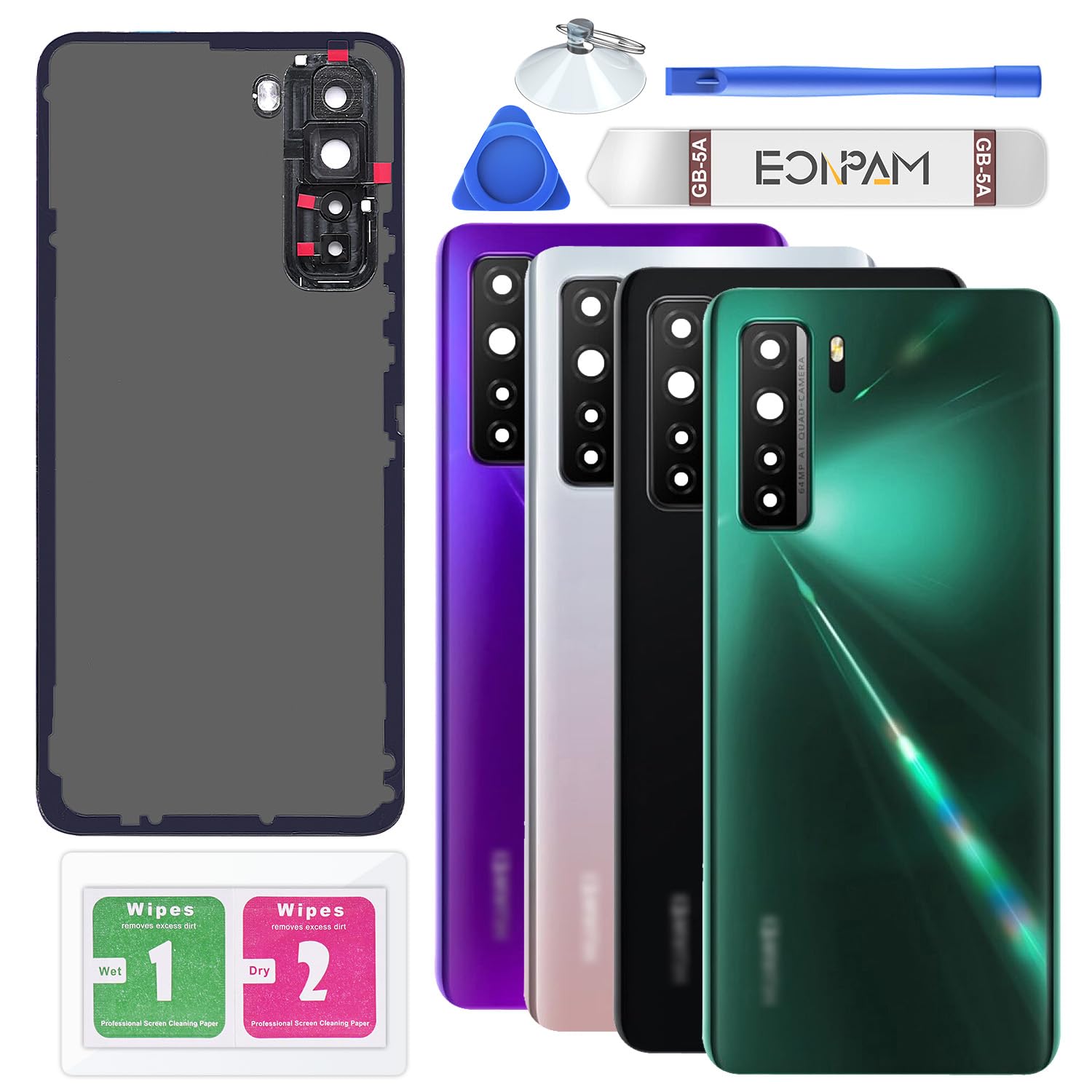 Eonpam Back Cover Glass for Huawei P40 Lite Rear Glass Replacement with Camera Lens + Repair Kit Genuine Rear Housing（Green）