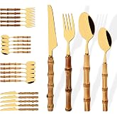 Uniturcky Stainless Steel Flatware Set, Bamboo Handle Silverware Set, Reusable Eating Utensils for Home Kitchen and Restaurant, Modern Gold Cutlery Set, 24 Pieces Service for 6