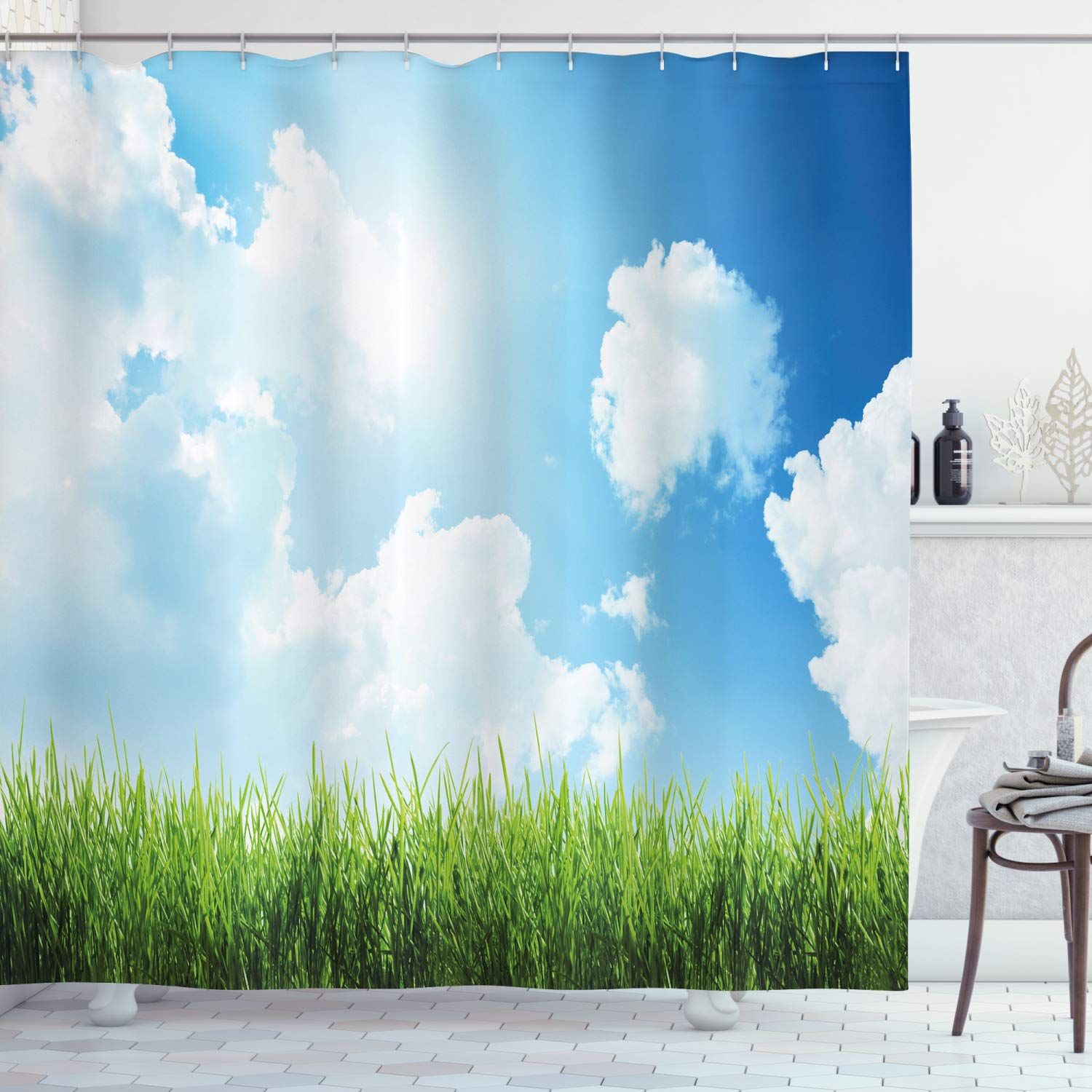 ABAKUHAUS Sky Shower Curtain, Sunny Day Image with Green Grass Sun Rays Clouds Beauty of Nature Country Meadow, Cloth Fabric Bathroom Decor Set with Hooks, 78 Inches, Blue Green White