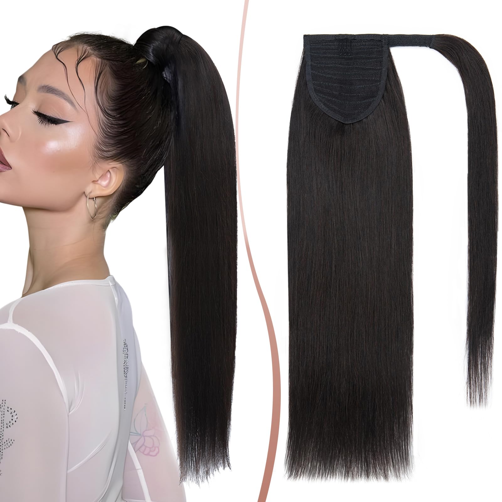 Elailite Ponytail Extension Human Hair 100% Real Hair - Wrap Around Ponytail Clip in Hair Extensions Long Straight (#1B Natural Black, 16 Inch) โ image 1