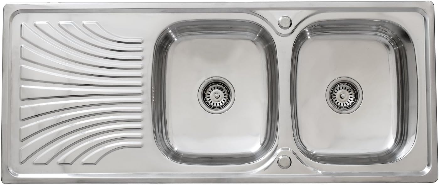 ENKI KS026 Stainless Steel Twin Double Bowl Inset Kitchen Sink Drainboard