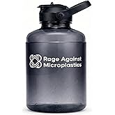 Rage Against Microplastics Half Gallon Water Bottle with Straw – 64 oz Large Sports Jug for Gym & Fitness – 2.2L Reusable Water Jug with Handle – Leakproof, BPA Free (Matte Black)