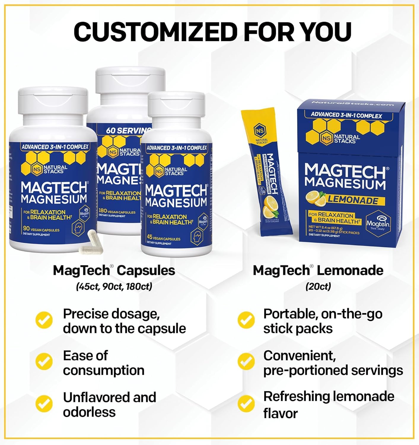 NATURAL STACKS MagTech Magnesium Capsules + Magtech Drink Mix Bundle - Supports Relaxation & Brain Health* - 50 Total Servings