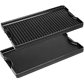 Utheer 19.5x10.5 Reversible Cast Iron Griddle for Stovetop Gas Grill | Flat &amp; Ribbed Ceramic Nonstick Griddle Fits Indoor Stovetop, Gas Grill and Outdoor BBQ; Reversible Cast Iron for Even Heat