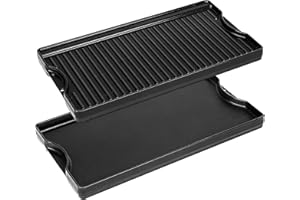 Utheer Nonstick Reversible Cast Iron Griddle 19.5"x 10.5", Ceramic Cooking Surface, Flat & Ribbed Sides, with High Sides & Grease Trap, Stovetop Griddle for Gas Grill, Charcoal, Oven & Outdoor BBQ