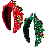 2Pcs Christmas Headband for Women Xmas Bow Knotted Headband Red Green Crystal Wide Top Knot Hairband Rhinestone Pearl Wide Head Band for Christmas Holiday Hair Accessories Costume Party Outfits Gifts