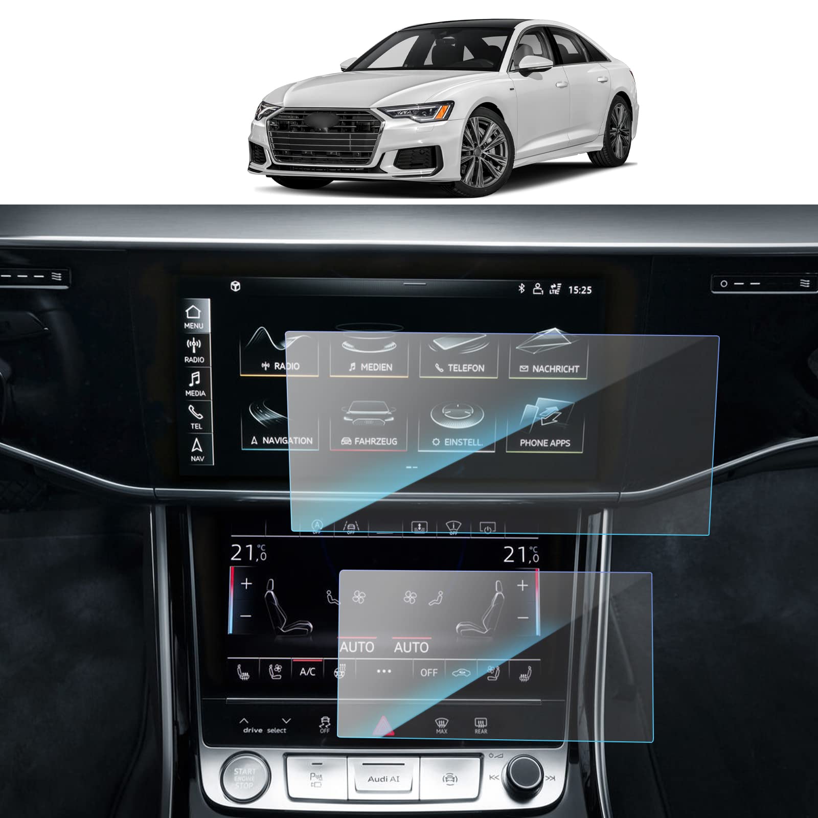 SKTU Screen Protector Compatible with Audi A6 / A7 C8 2019-2023 2024 Navigation GPS Screen Protector Tempered Glass Scratch-Resistant (MMI 10.1 Inch + Front Climate 8.6 Inches)