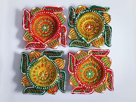 Mystic Essentials Fancy Clay Diyas (1 Diya Size 3.5 Inch X 3.5 Inch X 1 Inch) for Pooja,Diwali & Gifts. Set of 4 Diyas