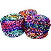Revolution Fibers Recycled Sari Silk, Multi-Color Pure Silk Yarn, Handspun Used Sari Fabric Ribbon Scraps, Rainbow Yarn for Knitting, Weaving &amp; Crocheting - 100 Grams per Ball