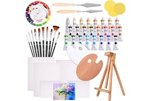 J MARK 48pc Deluxe Painting Kits for Adults - Includes Adjustable Wood Easel, Thick Canvases, Acrylic Paints, Brushes Set,Wooden and Plastic Palettes, 2 Painting Knives, 3 Sponges, Color Mixing Wheel