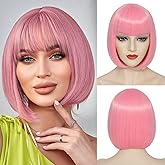 YBYMCAI Pink Bob Wig With Bangs Short Pink Wigs For Women Straight Bob Bangs Wig 10 Inch Heat Resistant Synthetic Hair Natural Looking For Daily Party Use