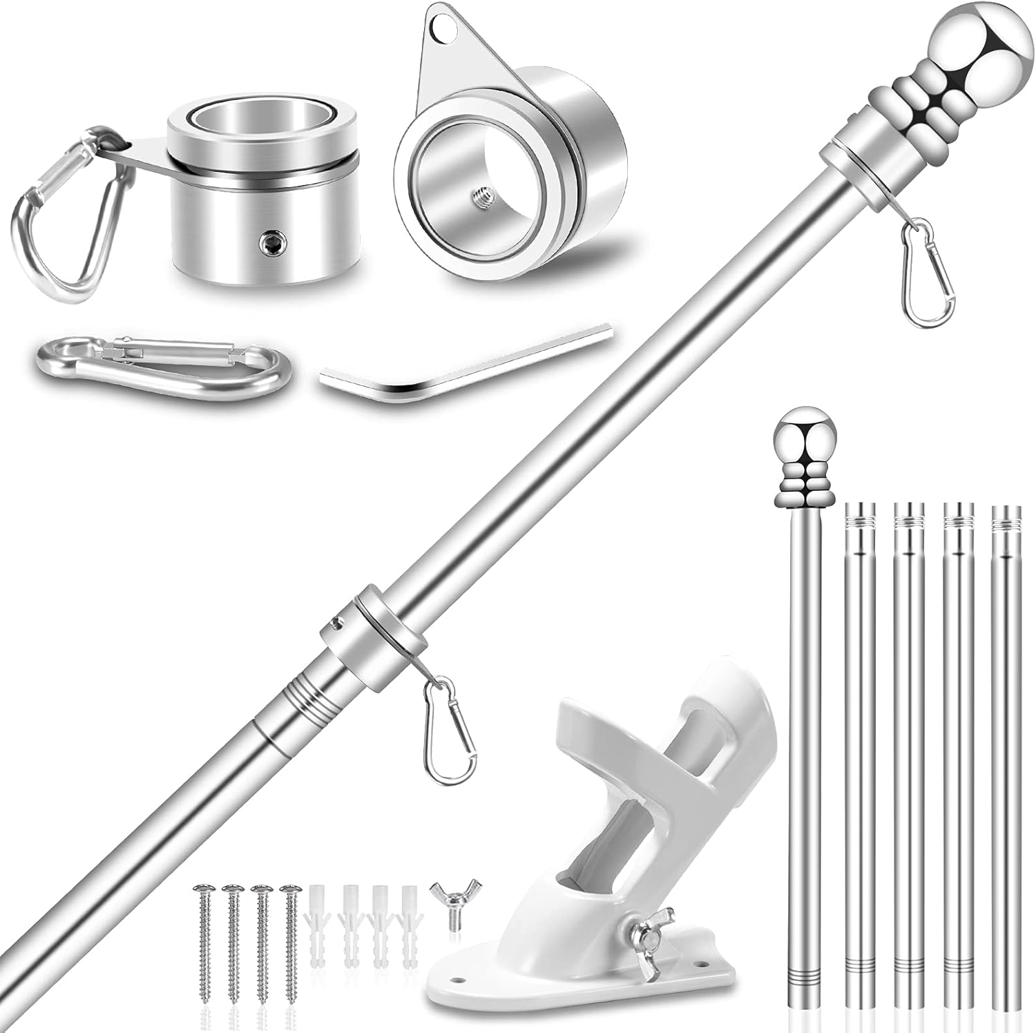 Flagpole Hardware - Upgraded Flag Pole Kit w/ 2-Position Bracket Holder & Rotating Flag Rings - 5FT to 6Ft 1