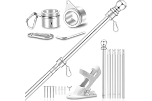 REERON Upgraded Flag Pole Kit w/ 2-Position Bracket Holder & Rotating Flag Rings - 5FT to 6Ft 1" Metal Flagpole Kit for 3x5 & 4x6 American Flag - House Wall Mount Flag Pole for Residential (6 FT, Silver)