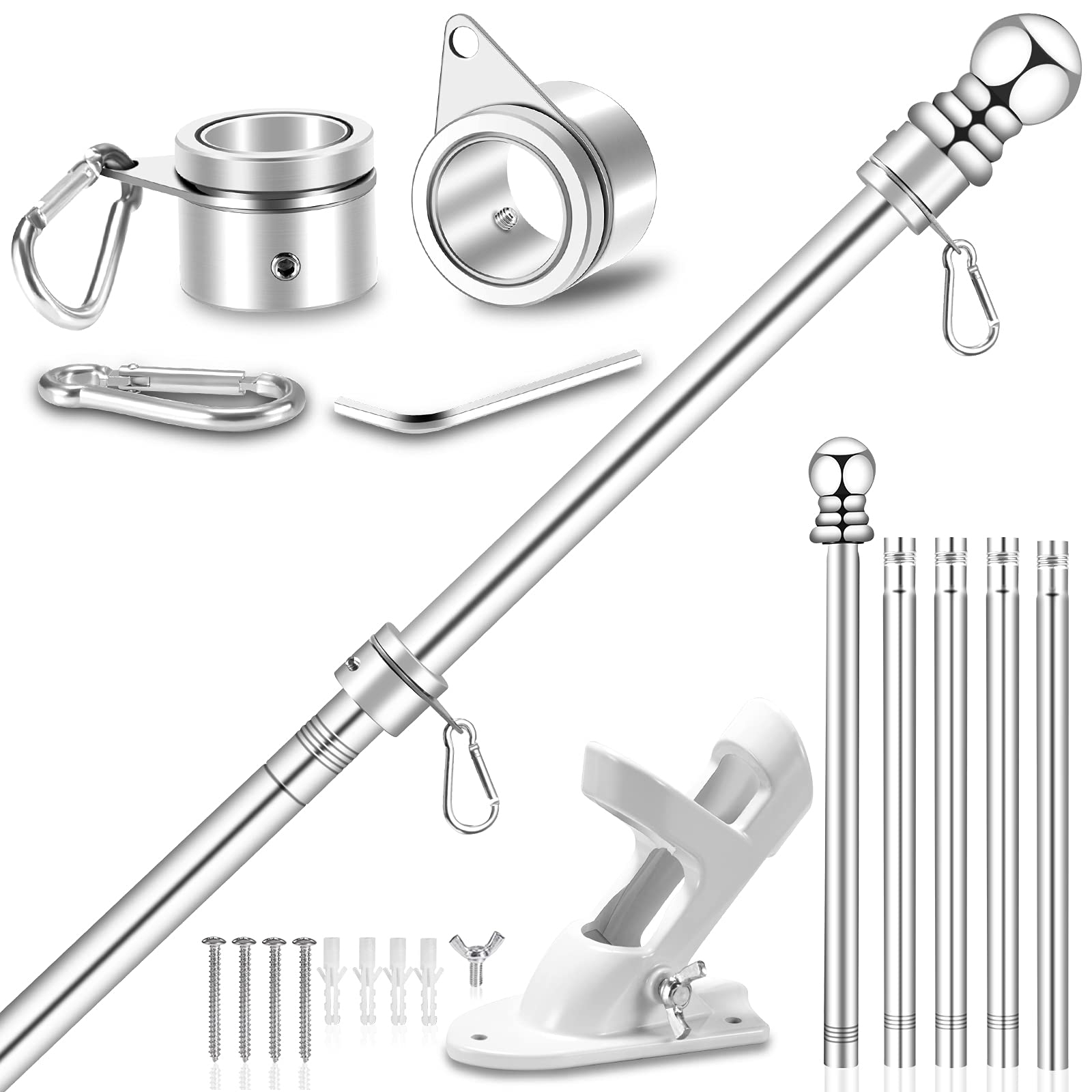 Photo 1 of 6 FT Metal Flag Pole Kit for Outside House w/ 2-Position Holder Bracket & 360° Rotating Flagpole Rings, 1" Stainless Steel Spinning Outdoor Porch Wall Mounted Flag Poles for 3x5 4x6 Flag(6 FT, Silver)