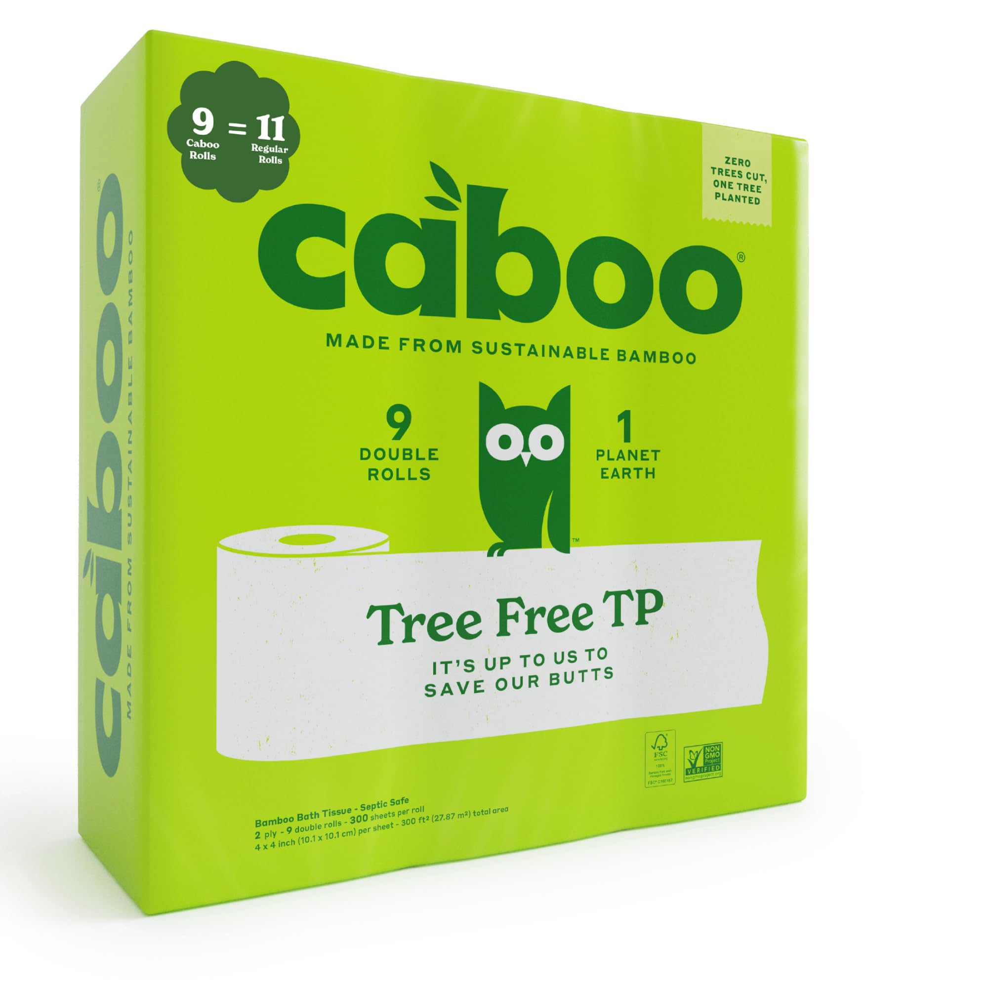 Photo 1 of Caboo Tree Free Toilet Paper, Septic Safe Bath Tissue, Quick Dissolving 2 Ply Sheets - 300 Sheets Per Roll, 9 Double Rolls