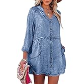 Nitzana Denim Shirt Dress for Women Long Sleeve Button Down Shirts V Neck Mini Casual Jean Dresses 2026 Trendy Outfits