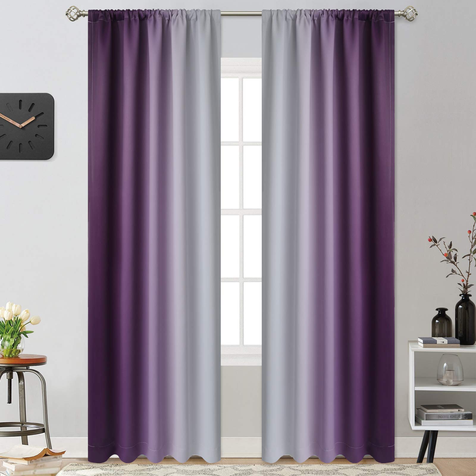 Yakamok Purple and Greyish White Rod Pocket Ombre Curtains, Light Blocking Gradient Color Curtains, Room Darkening Thermal Insulated Window Drapes for Living Room/Bedroom(2 Panels, 52W x 84L Inch)