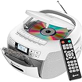 KLIM CD Player & Cassette Tape Player, Bluetooth Boombox, AM/FM Radio, Stereo Sound, Remote, CD and Cassette Combo, Tape Recording, USB Drive, AUX, AC/DC Powered - White