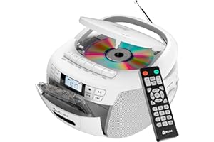 KLIM CD Player & Cassette Tape Player, Bluetooth Boombox, AM/FM Radio, Stereo Sound, Remote, CD and Cassette Combo, Tape Recording, USB Drive, AUX, AC/DC Powered - White