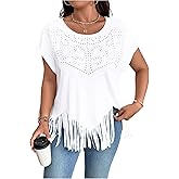 SHENHE Women's Plus Size Fringe Top Sparkly Rhinestone Cowgirl Cap Sleeve Crew Neck Studded Summer Tshirt Top