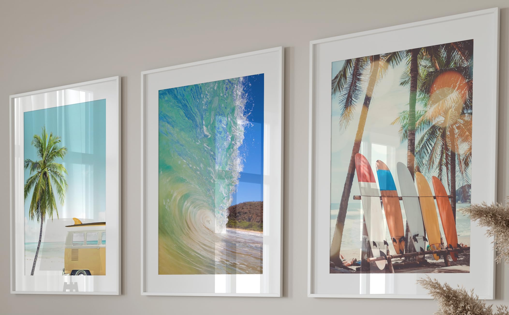 Eviepops Prints Surf Vacay Set of 3 Unframed Prints, Sunny Beach Wall Art, Home Décor, Photographic Print, Campervan, Tube Wave, Surf Boards, Palm Tree (A3)