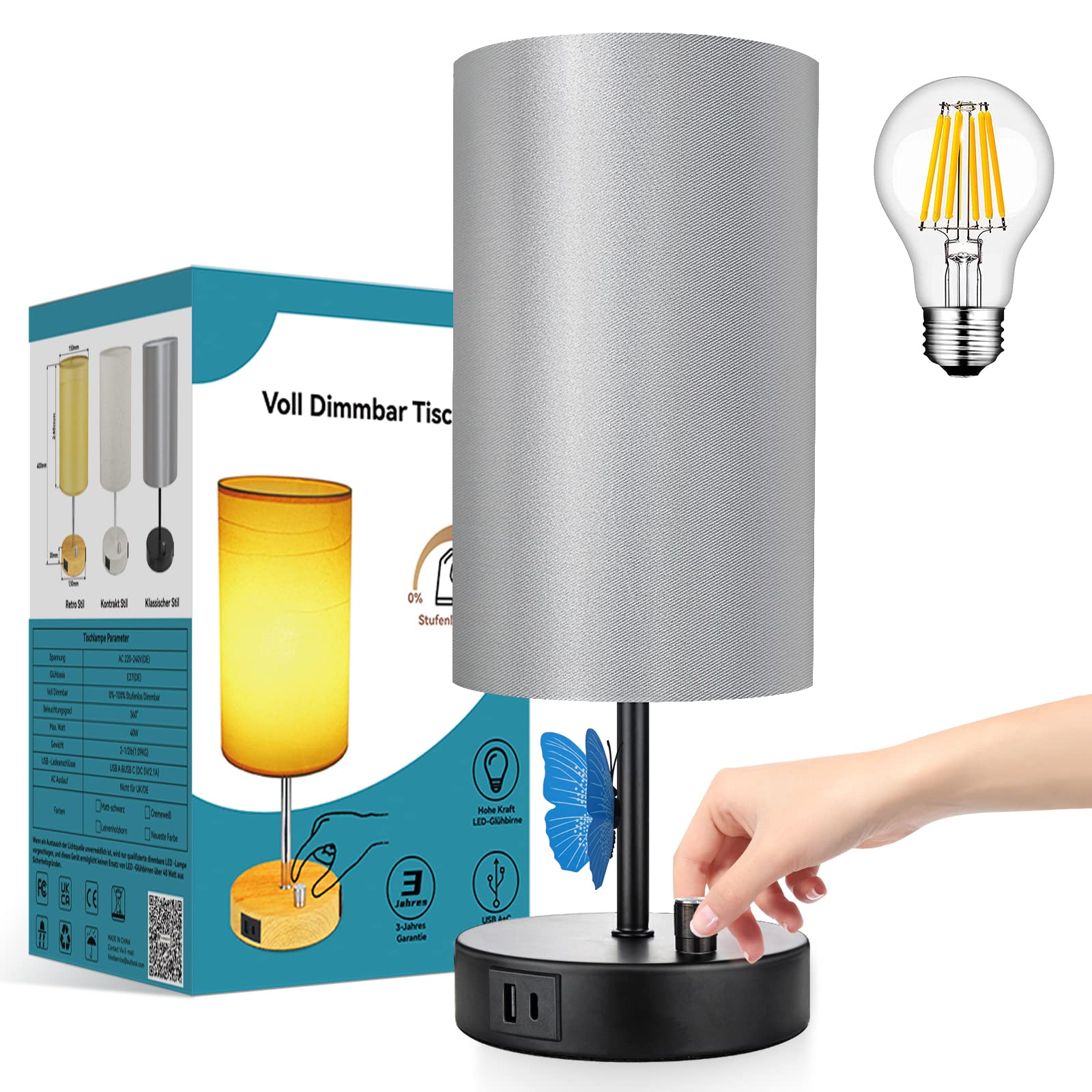 Wondlumi Table Lamp, Stepless Dimmable Bedside Lamps with USB A+C Charging Ports, Small Black Bed Side Light for Bedroom, Living Room, E27 LED Bulb Included