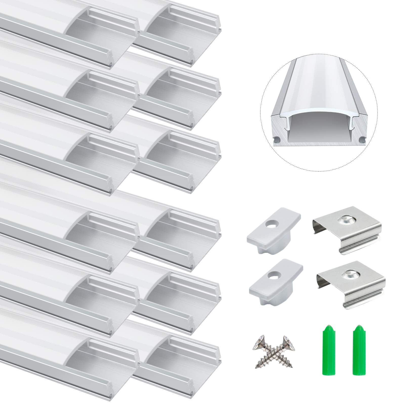LightingWill 12-Pack LED Aluminum Profile, 3.3ft/1Meter LED Aluminum Channel Silver U-Shape LED Diffuser with Milky White Cover, End Caps and Mounting Clips for LED Strip Lights