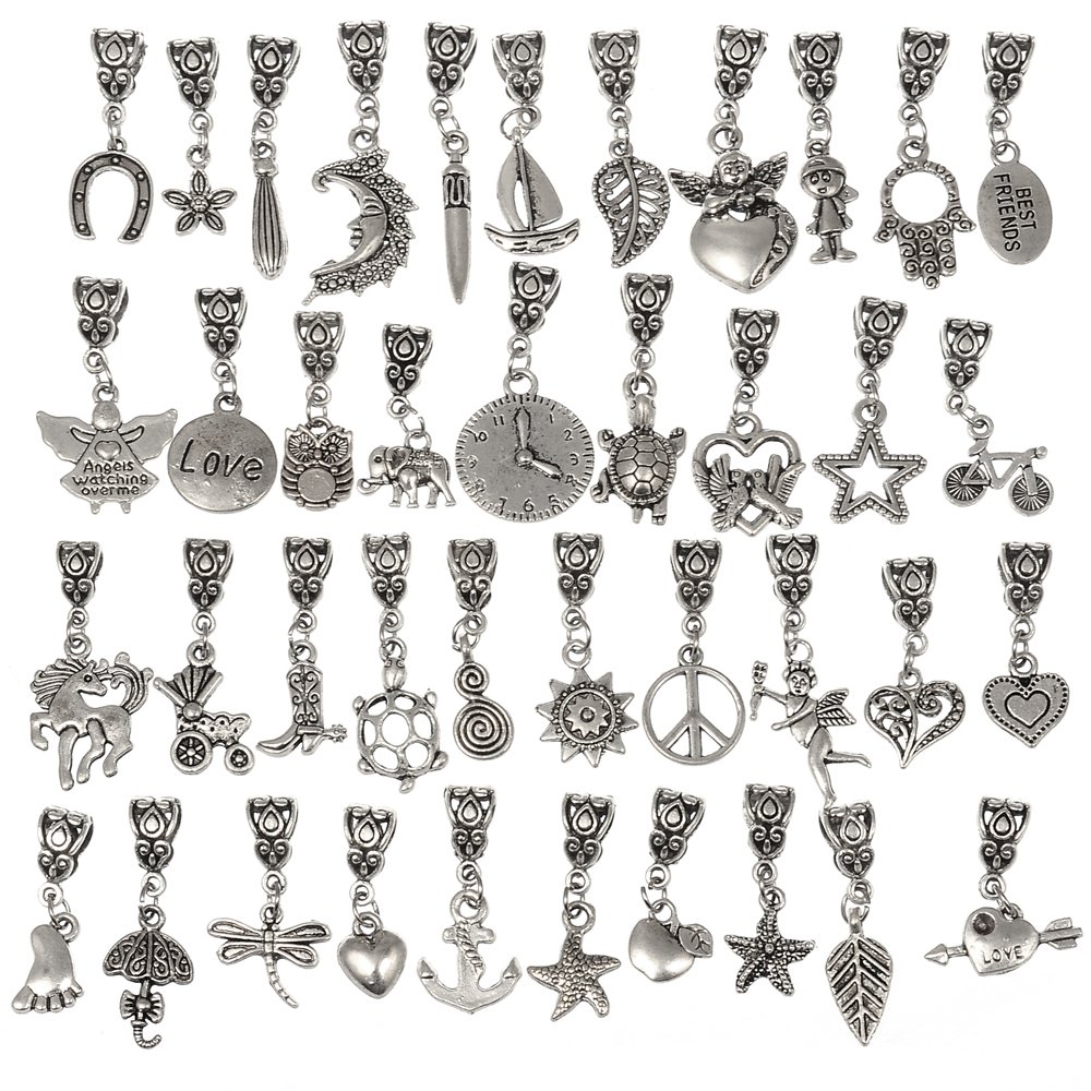 RUBYCA 120Pcs Tibetan Silver Color Connector Bails Mix Beads with Pendant fit Charm Bracelet 101